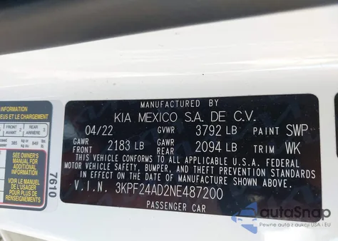 2022 Kia Forte Lxs from USA, damaged, VIN 3KPF24AD2NE487200